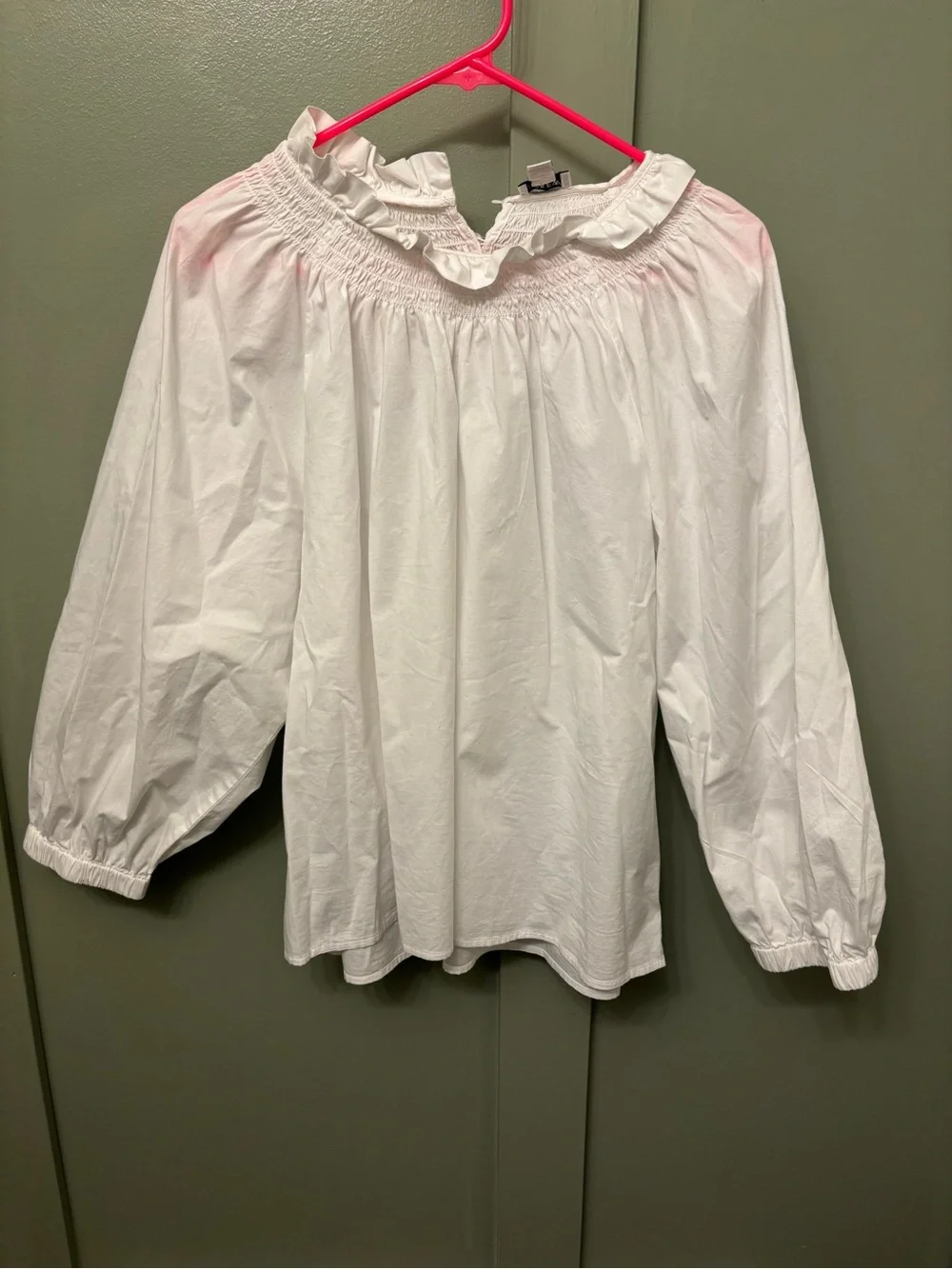J. Crew White Smocked Ruffle-Neck Peasant Blouse